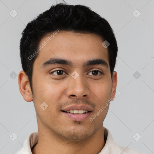 Neutral latino young-adult male with short  black hair and brown eyes