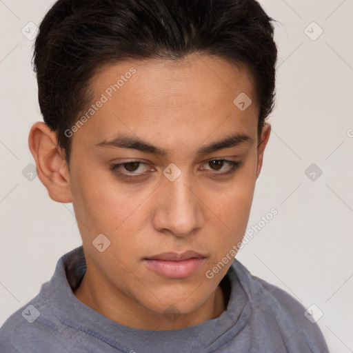 Neutral white young-adult female with short  brown hair and brown eyes