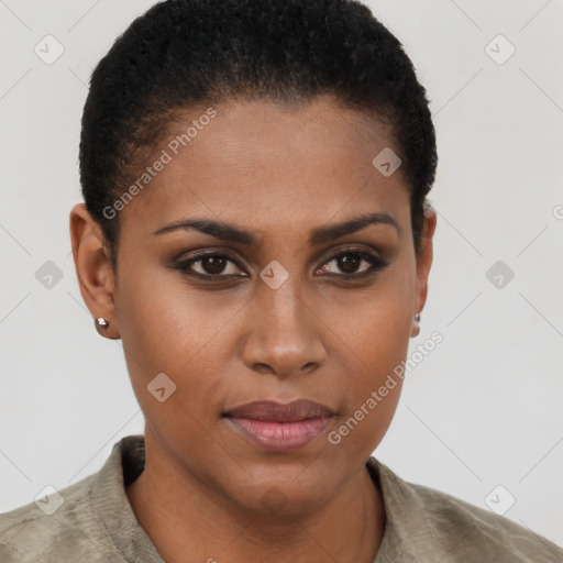 Joyful black young-adult female with short  brown hair and brown eyes