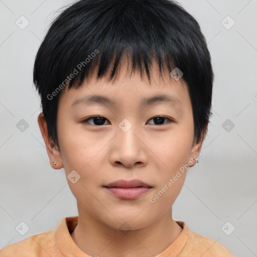 Neutral asian young-adult female with short  brown hair and brown eyes