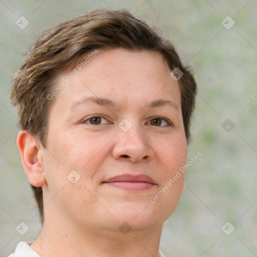 Joyful white adult female with short  brown hair and brown eyes