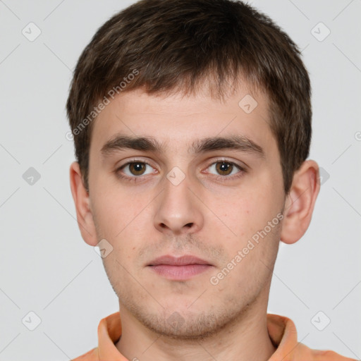 Neutral white young-adult male with short  brown hair and brown eyes