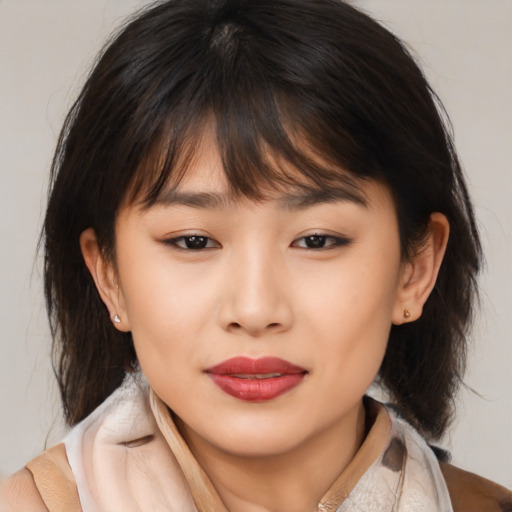 Neutral asian young-adult female with medium  brown hair and brown eyes