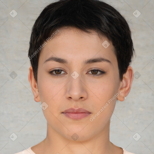 Neutral white young-adult female with short  brown hair and brown eyes