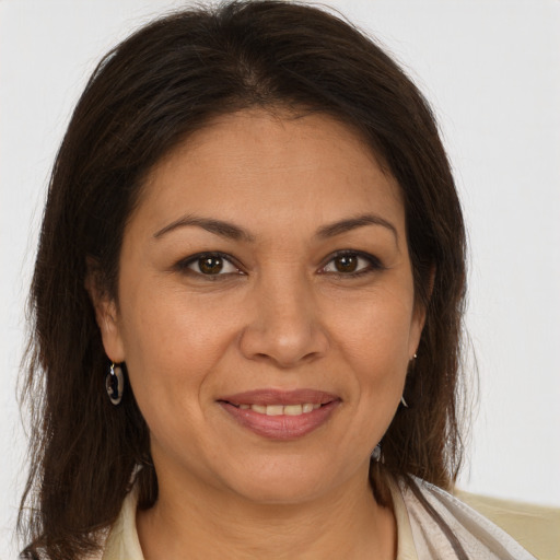 Joyful white adult female with long  brown hair and brown eyes