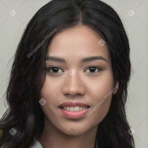 Joyful white young-adult female with long  black hair and brown eyes