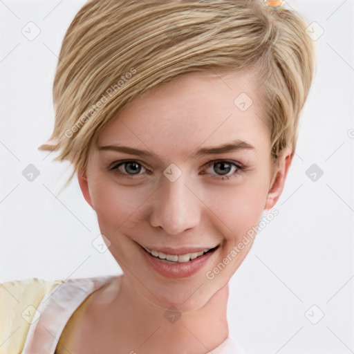 Joyful white young-adult female with short  brown hair and blue eyes