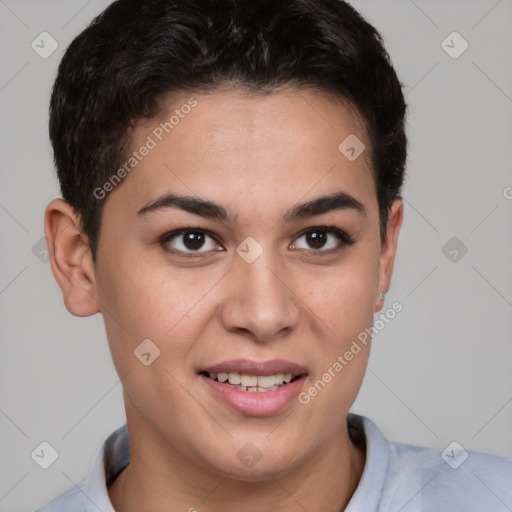 Joyful white young-adult female with short  brown hair and brown eyes