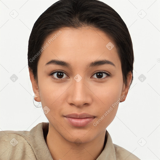 Joyful latino young-adult female with short  brown hair and brown eyes