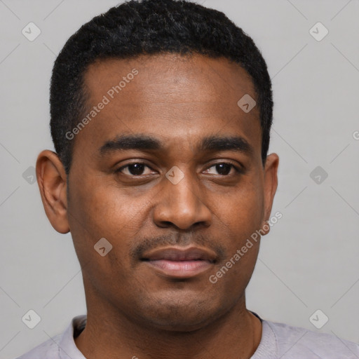 Neutral black young-adult male with short  black hair and brown eyes