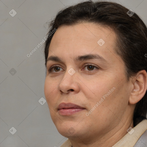 Neutral white adult female with short  brown hair and brown eyes