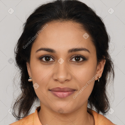 Joyful latino young-adult female with medium  brown hair and brown eyes