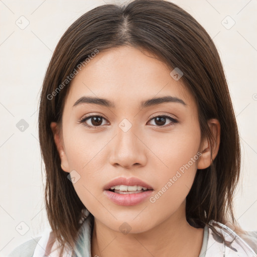 Neutral white young-adult female with medium  brown hair and brown eyes