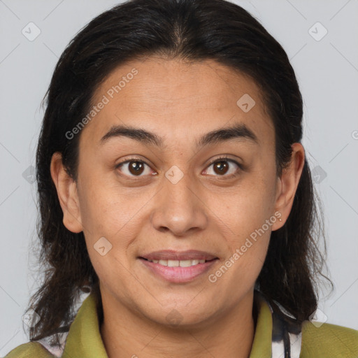 Joyful white young-adult female with medium  brown hair and brown eyes