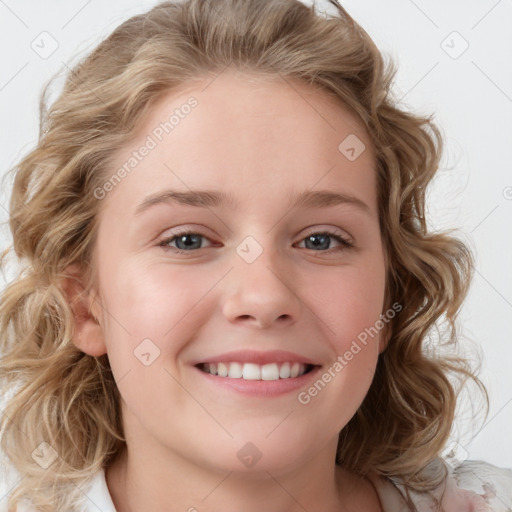 Joyful white child female with medium  brown hair and blue eyes