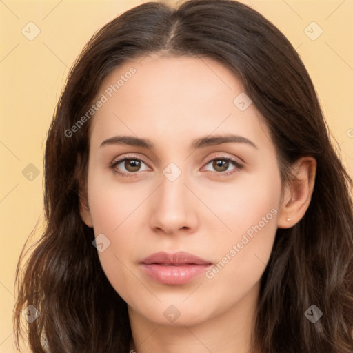 Neutral white young-adult female with long  brown hair and brown eyes