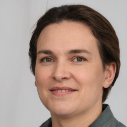 Joyful white adult female with medium  brown hair and grey eyes