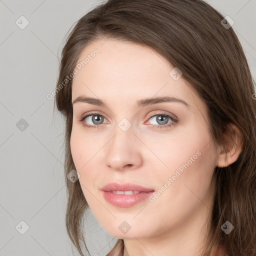 Neutral white young-adult female with long  brown hair and grey eyes