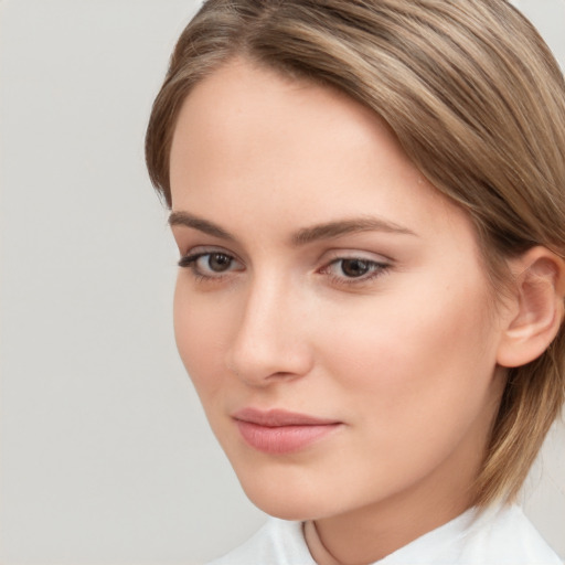 Neutral white young-adult female with medium  brown hair and brown eyes