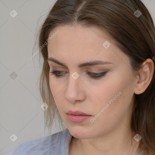 Neutral white young-adult female with medium  brown hair and brown eyes