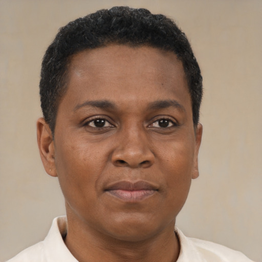 Joyful black young-adult male with short  brown hair and brown eyes