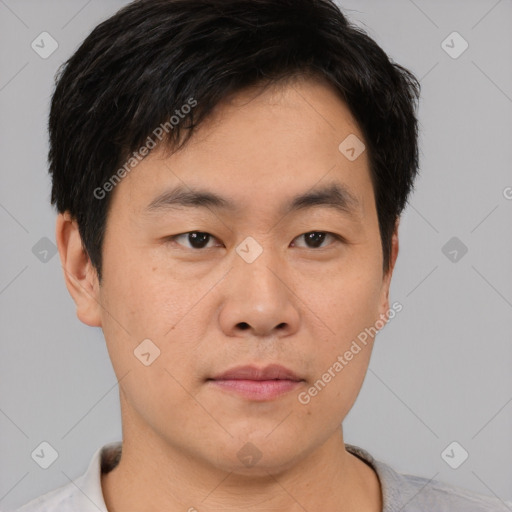 Neutral asian young-adult male with short  brown hair and brown eyes