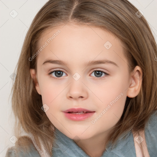 Joyful white child female with medium  brown hair and brown eyes