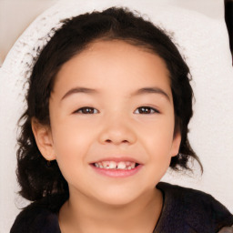 Joyful white child female with long  brown hair and brown eyes