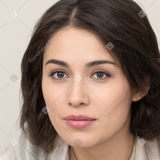 Neutral white young-adult female with long  brown hair and brown eyes