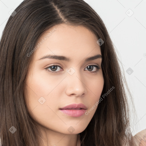 Neutral white young-adult female with long  brown hair and brown eyes