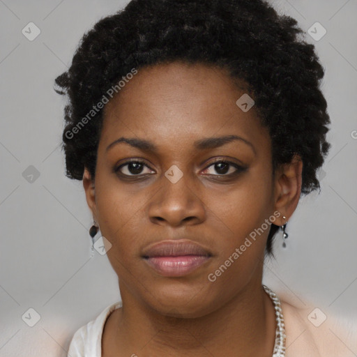 Neutral black young-adult female with short  black hair and brown eyes