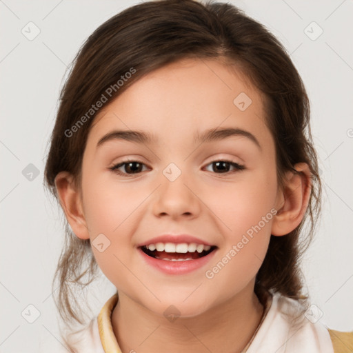 Joyful white child female with medium  brown hair and brown eyes