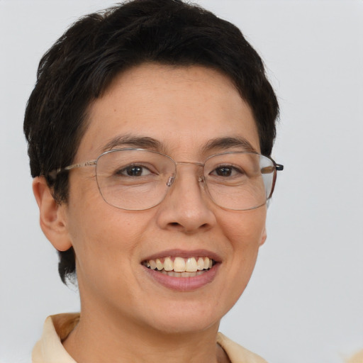 Joyful white adult female with short  brown hair and brown eyes