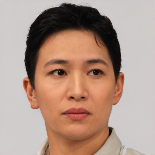 Neutral asian young-adult female with short  black hair and brown eyes