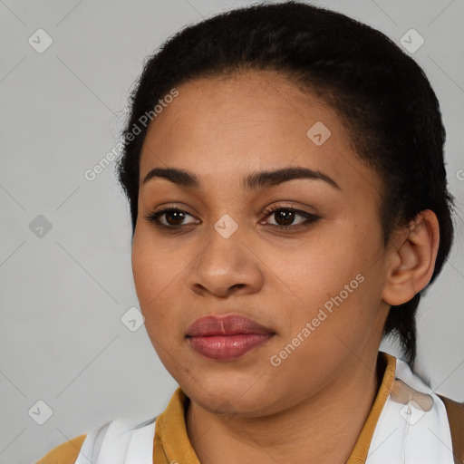 Joyful latino young-adult female with short  brown hair and brown eyes