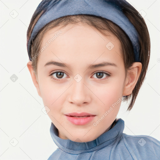 Joyful white child female with short  brown hair and brown eyes