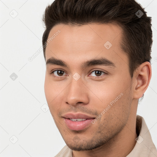 Joyful white young-adult male with short  brown hair and brown eyes