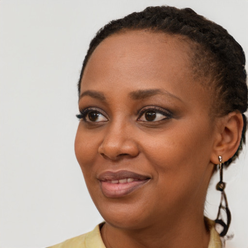 Joyful black young-adult female with short  brown hair and brown eyes
