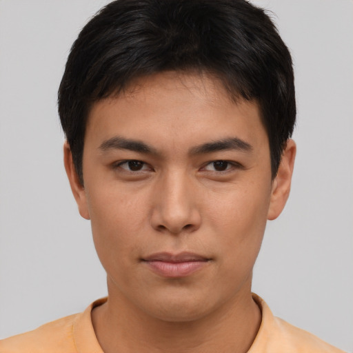 Neutral asian young-adult male with short  brown hair and brown eyes