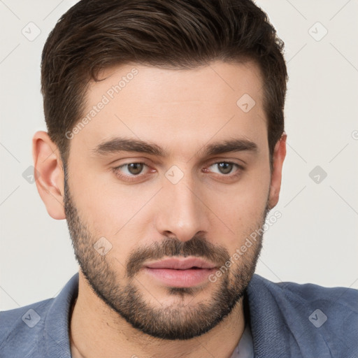 Neutral white young-adult male with short  brown hair and brown eyes