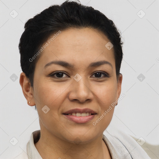 Joyful latino young-adult female with short  brown hair and brown eyes