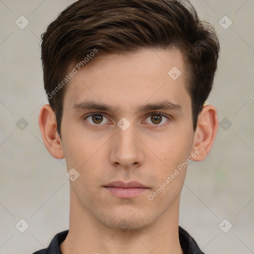 Neutral white young-adult male with short  brown hair and brown eyes