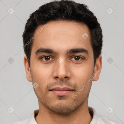 Neutral latino young-adult male with short  black hair and brown eyes