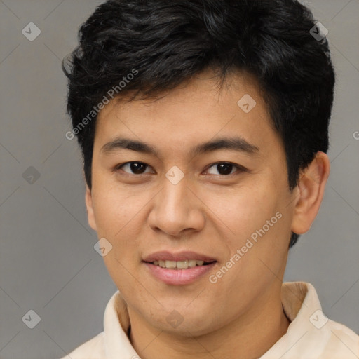 Joyful latino young-adult male with short  brown hair and brown eyes