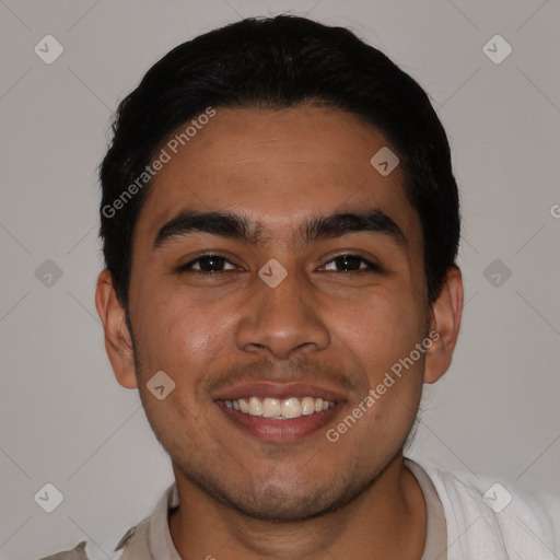 Joyful latino young-adult male with short  black hair and brown eyes