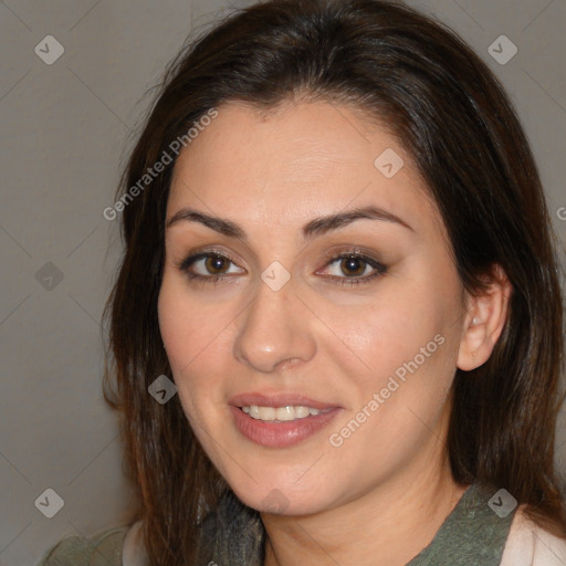 Joyful white young-adult female with medium  brown hair and brown eyes