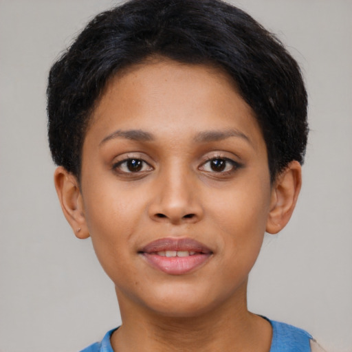 Joyful asian young-adult female with short  brown hair and brown eyes