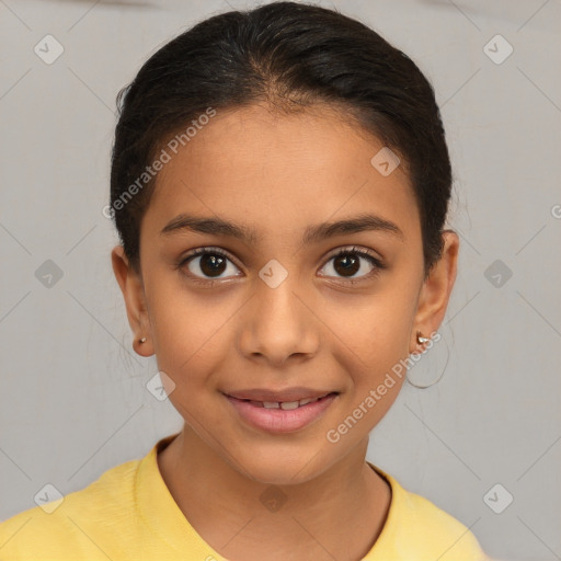 Joyful white child female with short  brown hair and brown eyes