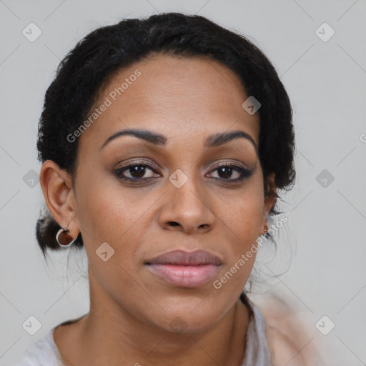 Joyful black young-adult female with medium  brown hair and brown eyes