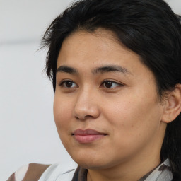 Neutral asian young-adult female with medium  brown hair and brown eyes